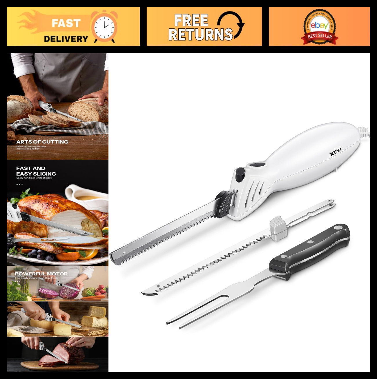 Electric Knife Set for Carving Meats, Poultry, Bread & Foam – 2 Blades + Fork