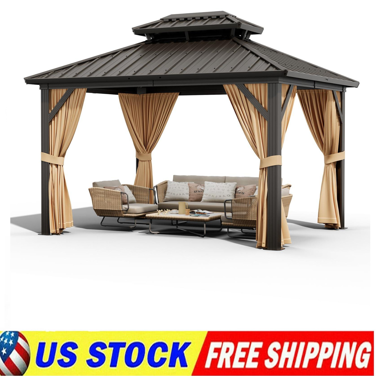 10x12FT Hardtop Gazebo Galvanized Steel Framed Double Roof Netting & Curtains