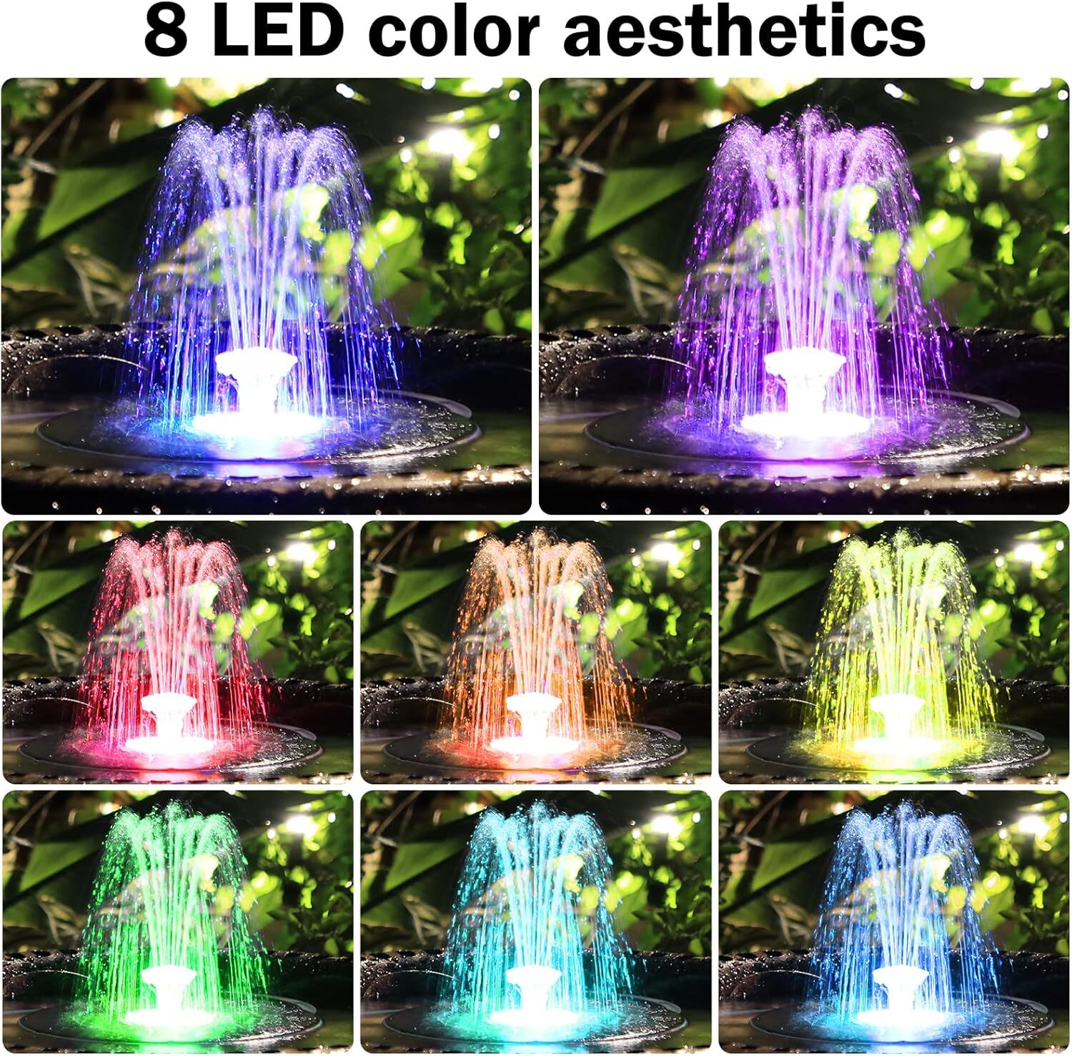Solar Water Fountain Pump 8 LED RGB Lights Bird Bath Pond Garden Fountain Light