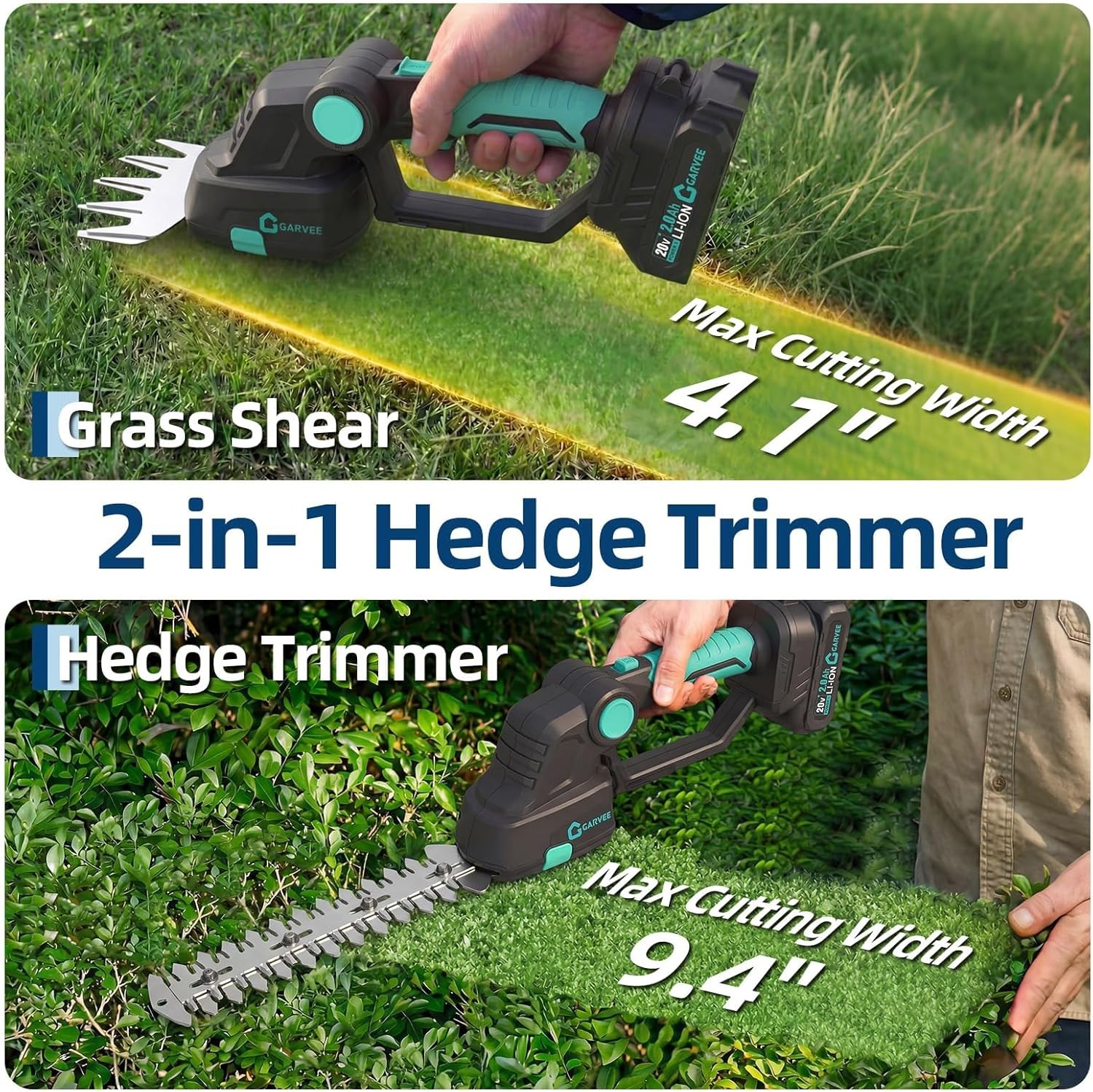 2-in-1 Cordless Hedge Trimmer 20V Battery Handheld Shrub Trimmer & Grass Shear