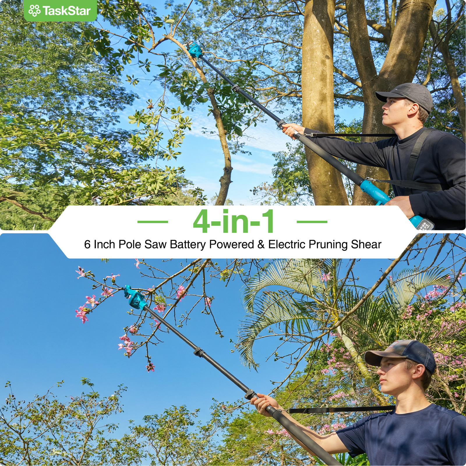 Taskstar 4-in-1 Cordless Pole Saw Brushless& Pruning Shears 6 Inch Mini Chainsaw