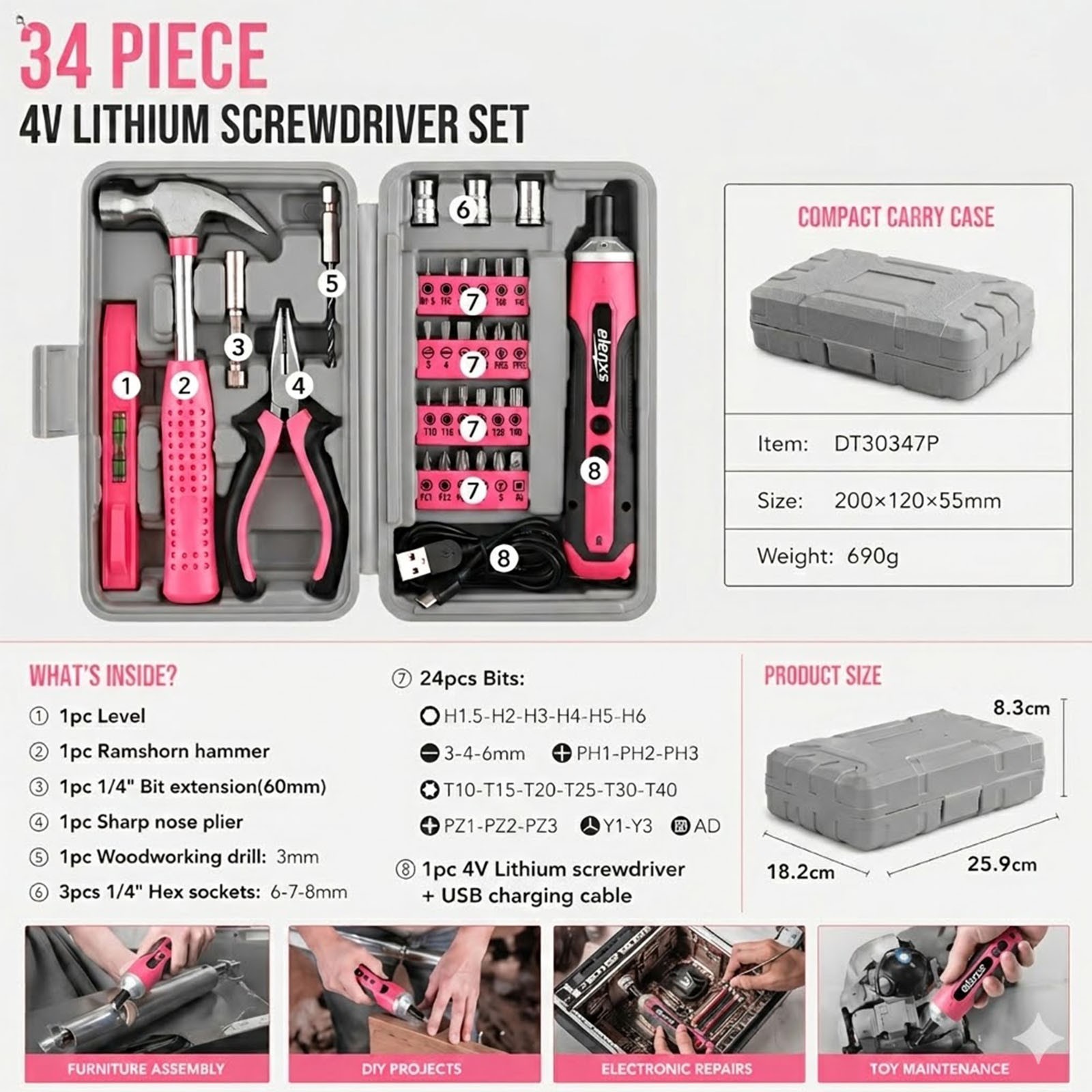 New 4V Cordless Electric Screwdriver 1300mAh USB Rechargeable Free Shipping