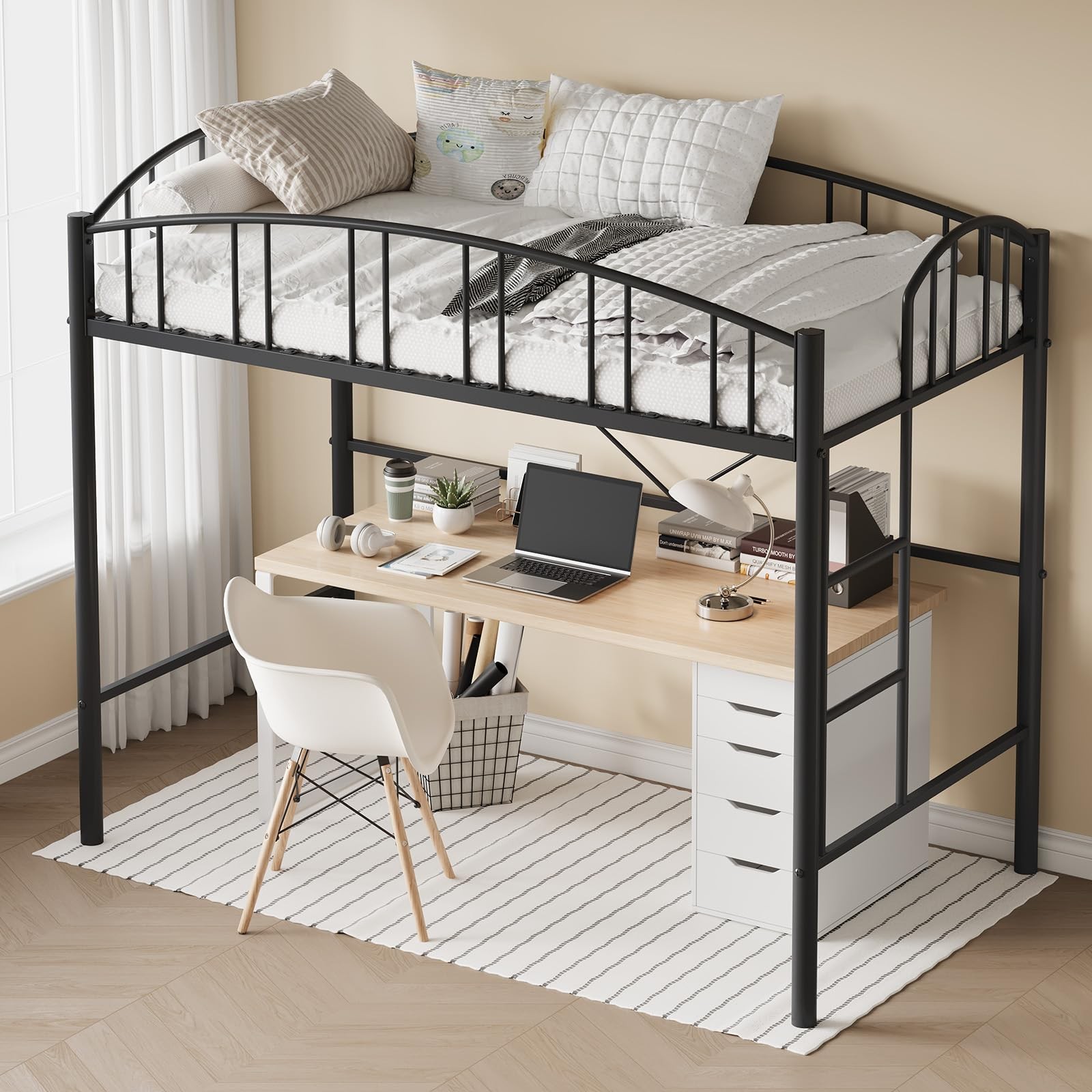 Metal Loft Bed Frame Twin Size, Sturdy with Safety Guardrail for Teens & Adults