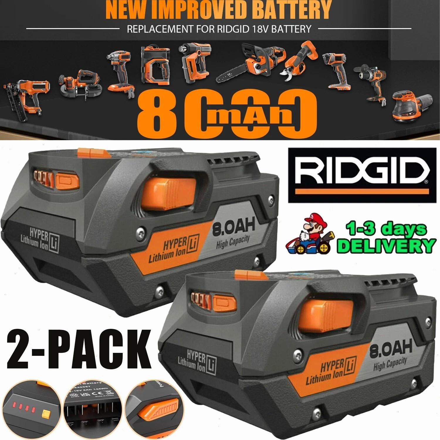 PACK For Ridgid 18V R840085 8.0Ah Lithium-ion Battery Rigid 18Volt R840087