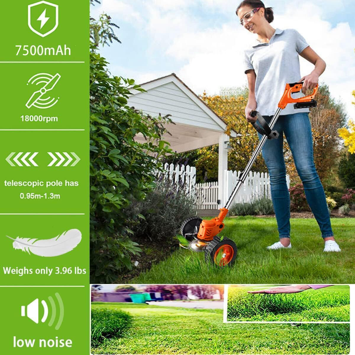 21V Weed Eater with Wheels Cordless Battery Weed Wacker with Charger+2*Batteries