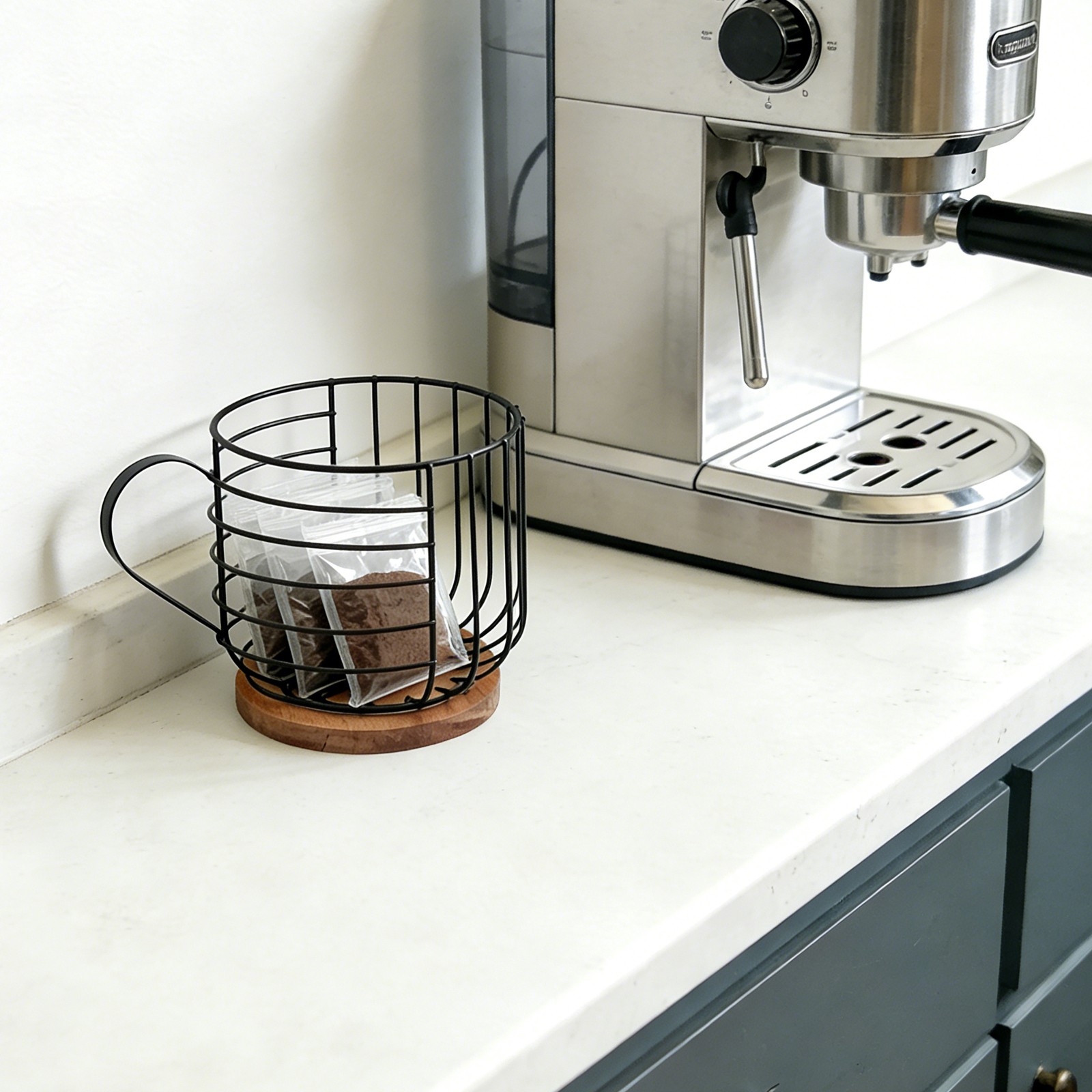 Metal Wire Design Coffee Capsule Holder With Wooden Base 8.39*6.1*6.1in
