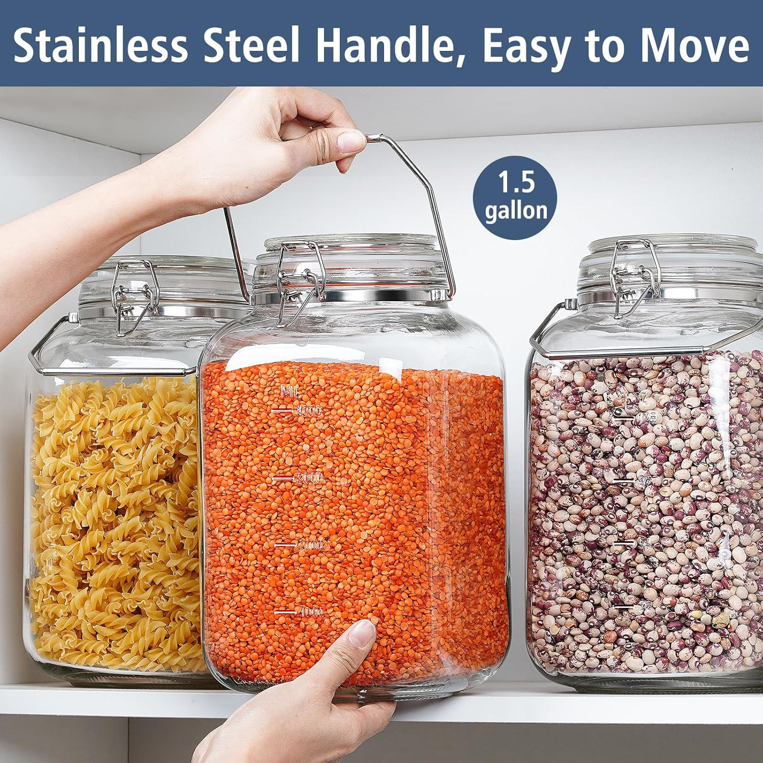 Folinstall 2 Pack 1.5 Gallon Glass Jar with Airtight Lid, 192 Oz Square Wide Mou