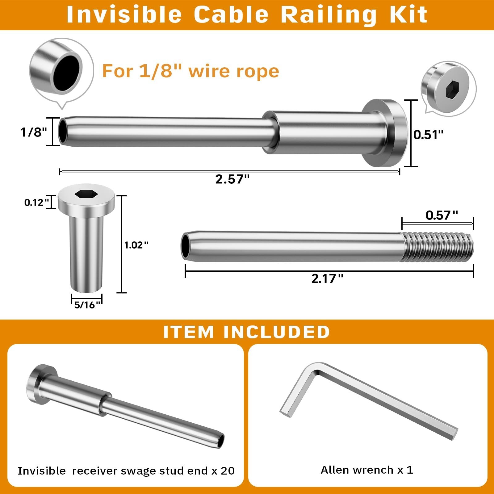 Invisible Cable Railing Kit – 20 Pack 1/8″ T316 Stainless Steel Swage Studs for