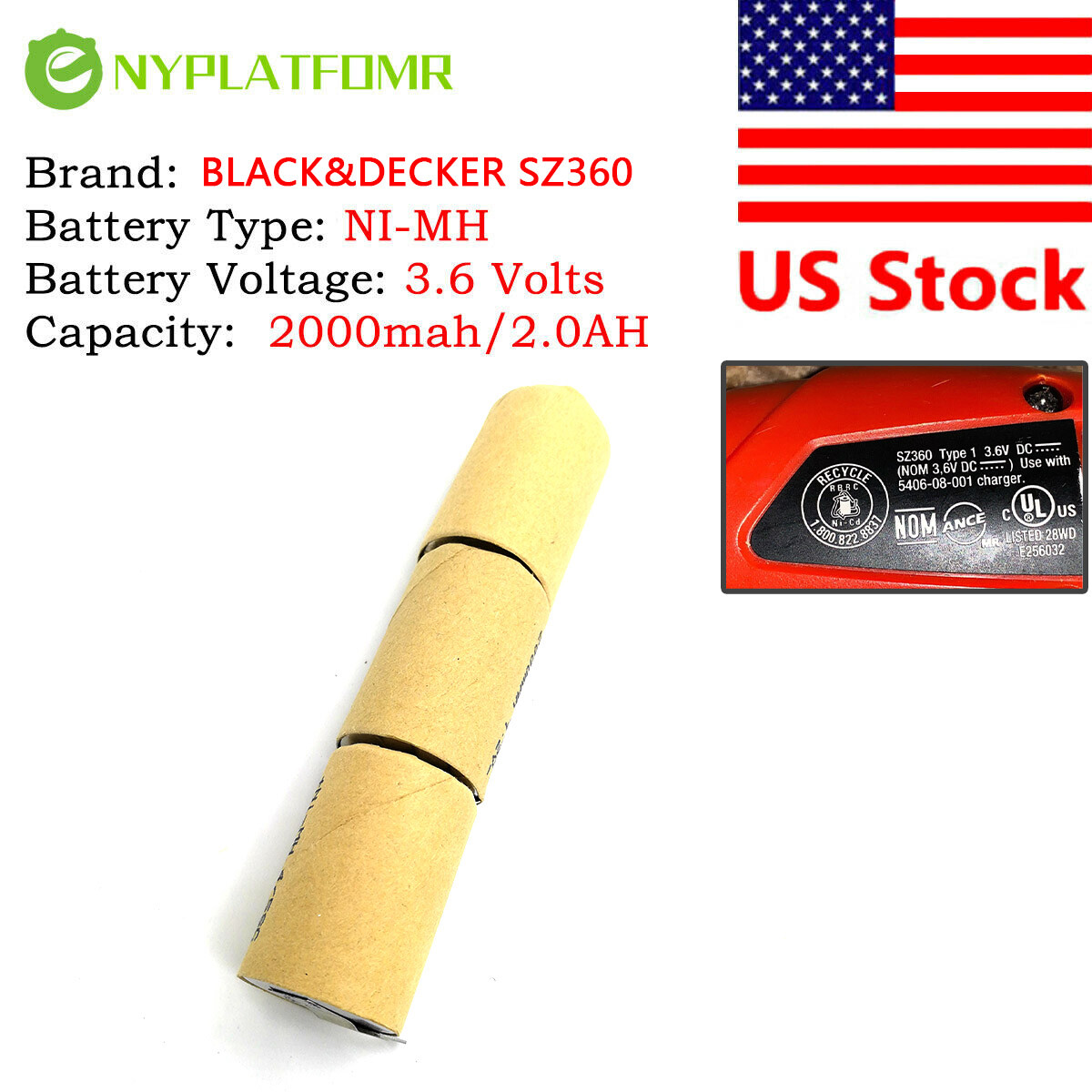 4/5 SC 2000mAh For Black Decker 3.6V Ni-MH Battery Pack SZ360 Type 1