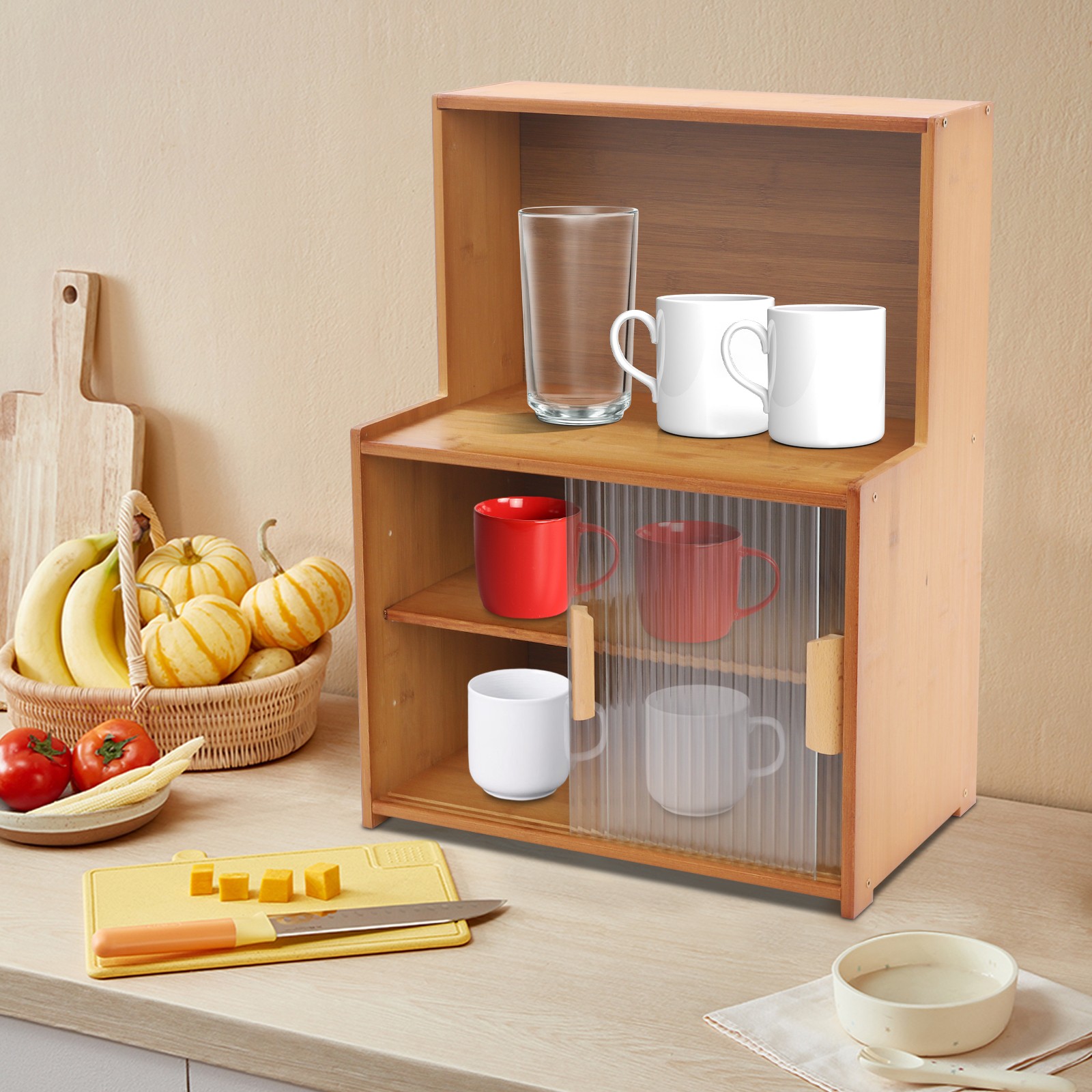 Kitchen Pantry Cabinet Small Storage Cabinet Cupboard with Sliding Glass Doors