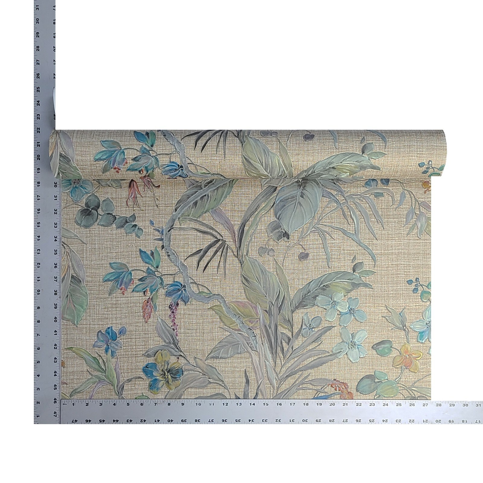 Floral plants Brown green blue metallic faux woven fabric textured wallpaper 3D