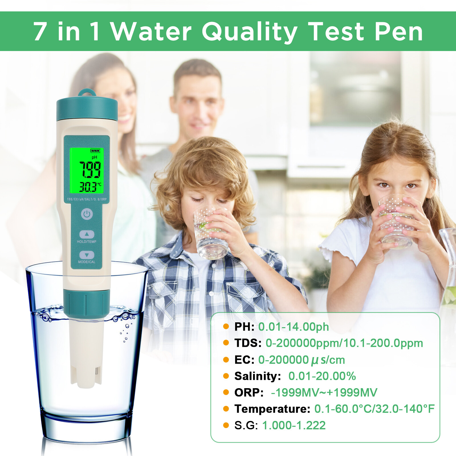 7 in 1 Digital LCD PH/TDS/EC/ORP/TEMP/SG/Salinity Water Quality Tester Meter Pen