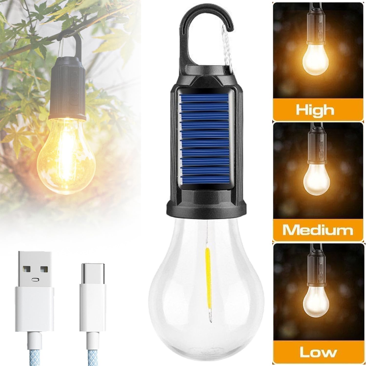 Solar Tent Lights Outdoor USB Rechargeable Led Camping Lantern Hanging Bulb Hook