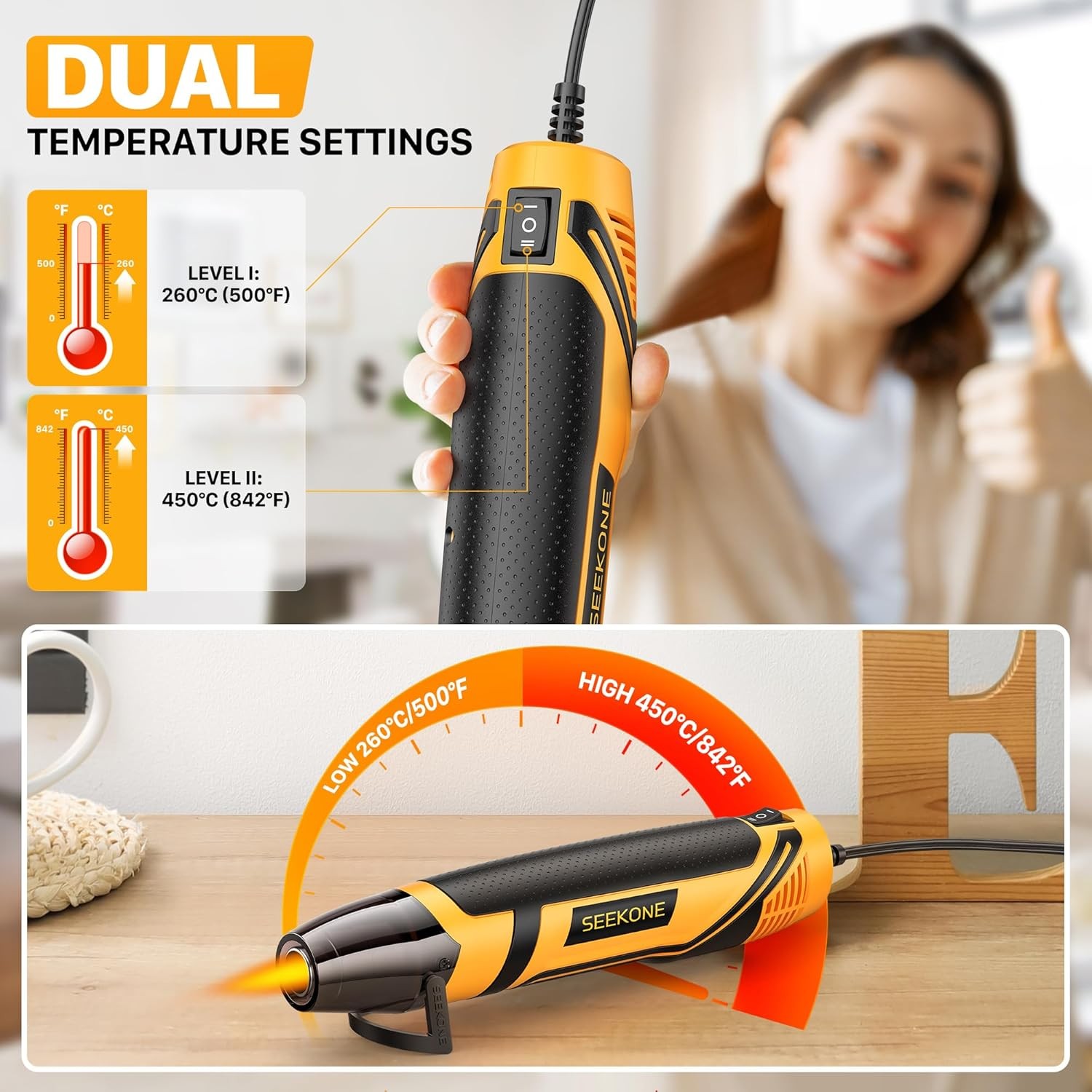 SEEKONE Mini Heat Gun, 350W 2-Temp Settings 500℉ & 842℉（260℃& 450℃）