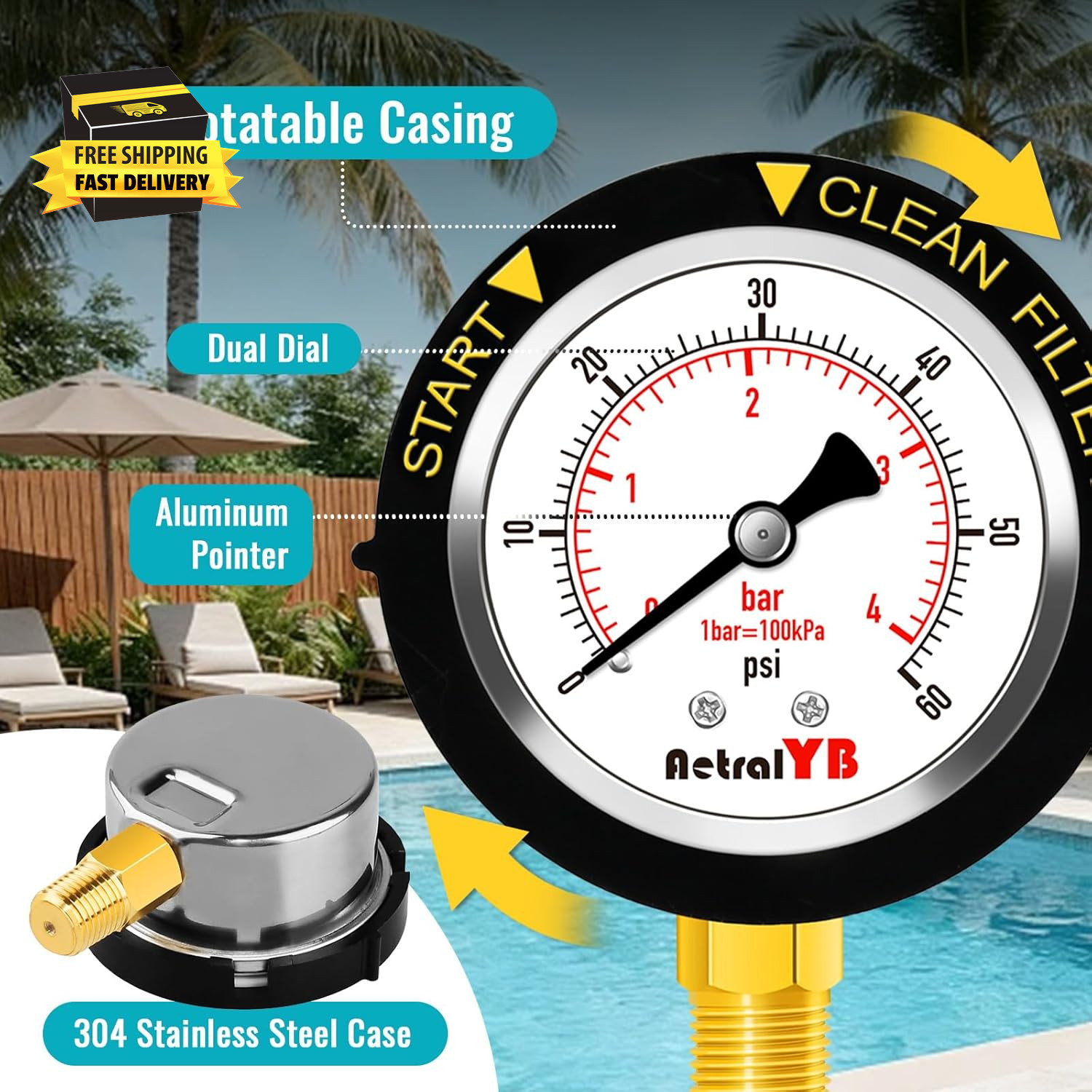 Pool Filter Pressure Gauge, 304 Stainless Steel, IP67 Waterproof, 0-60 Psi/Bar,