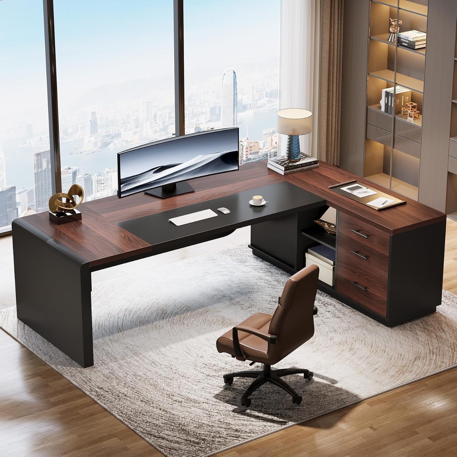 80.71” L-Shaped Executive Desk, Large Office Computer Desk with Drawers Cabinet