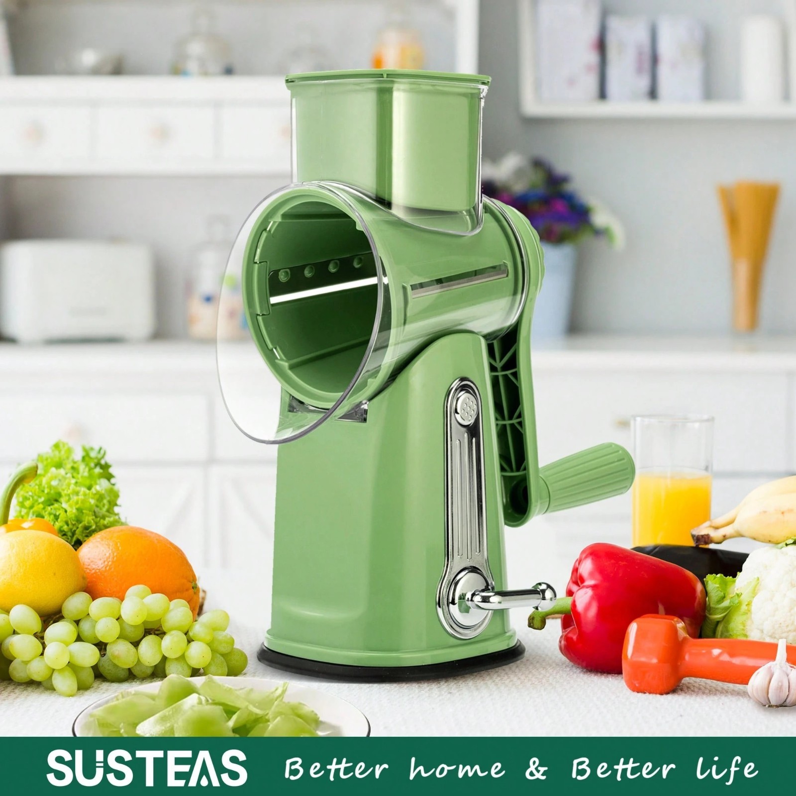 SUSTEAS Rotary Cheese Grater with 5 Blades & Storage Box Sleek Vegetable Shredde