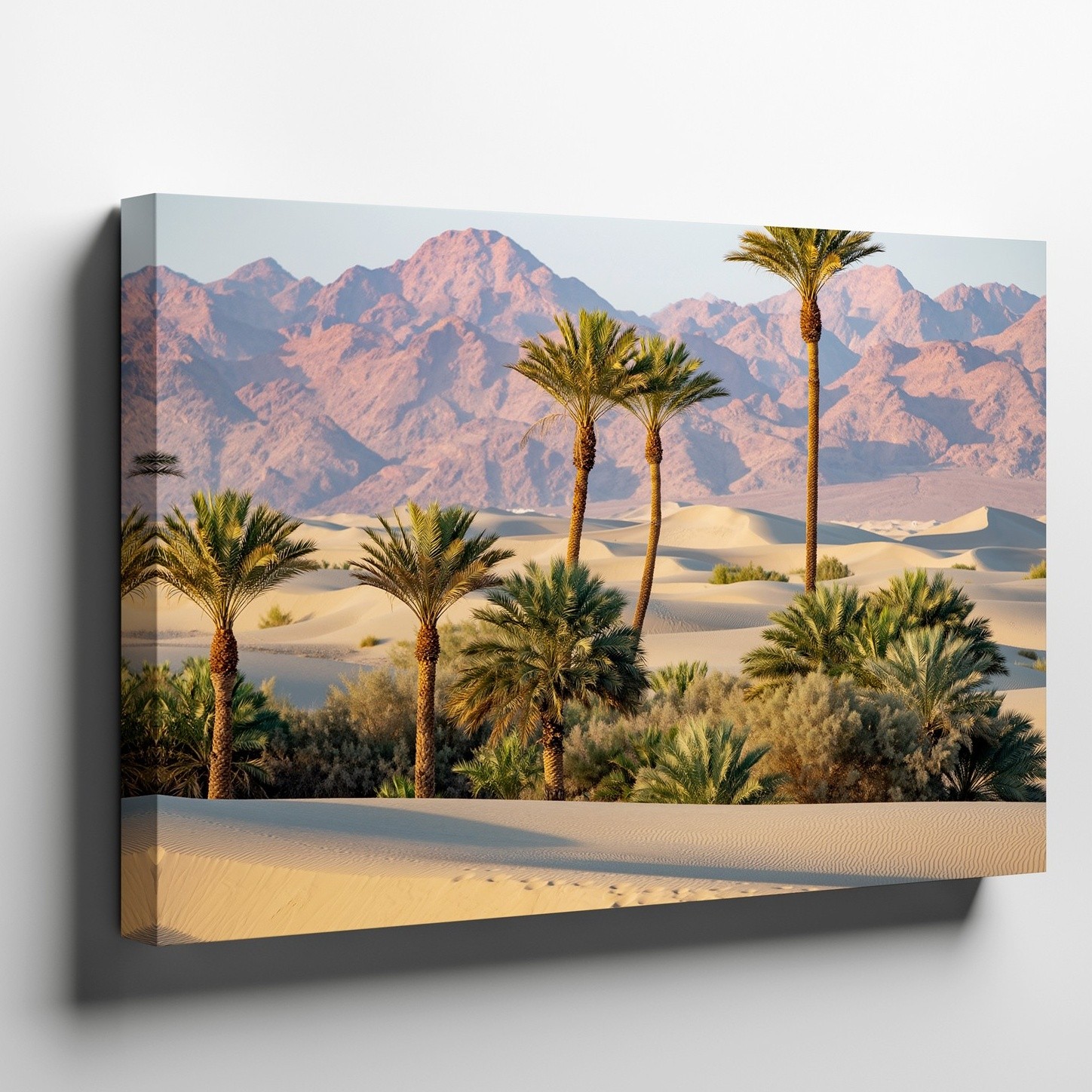 Create A Serene Desert Landscape Featuring Tall, Slender Palm Trees And Wall Art