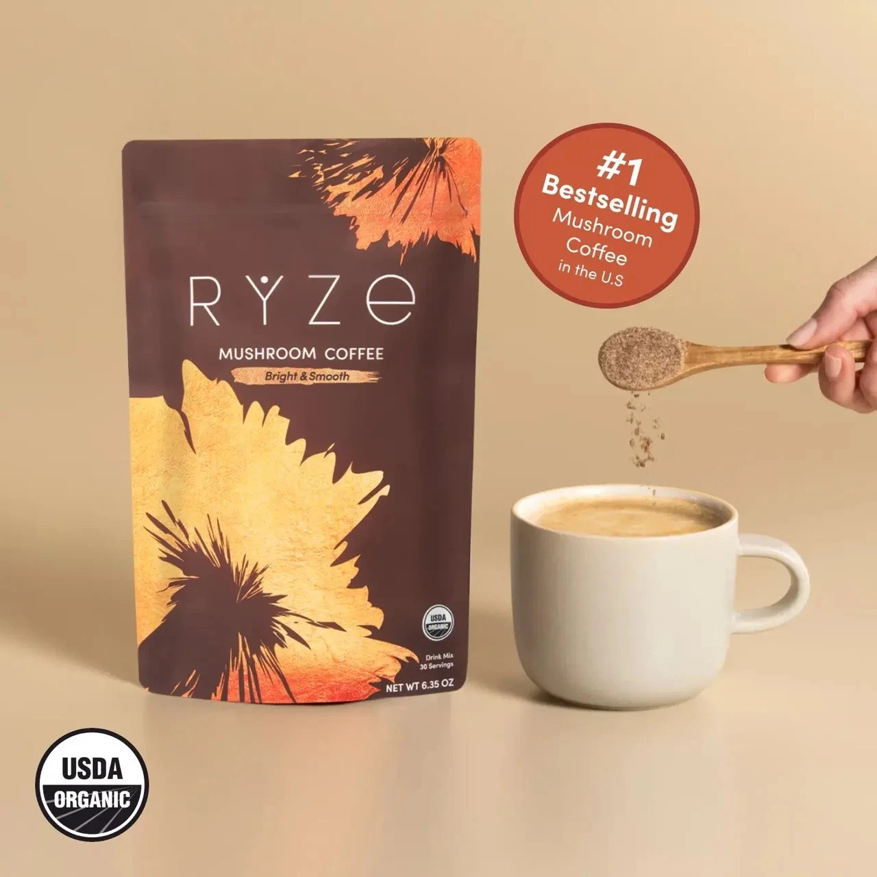 Direct from RYZE MUSHROOM Coffee Bright Smooth Gut Health Supplement 30 Servings