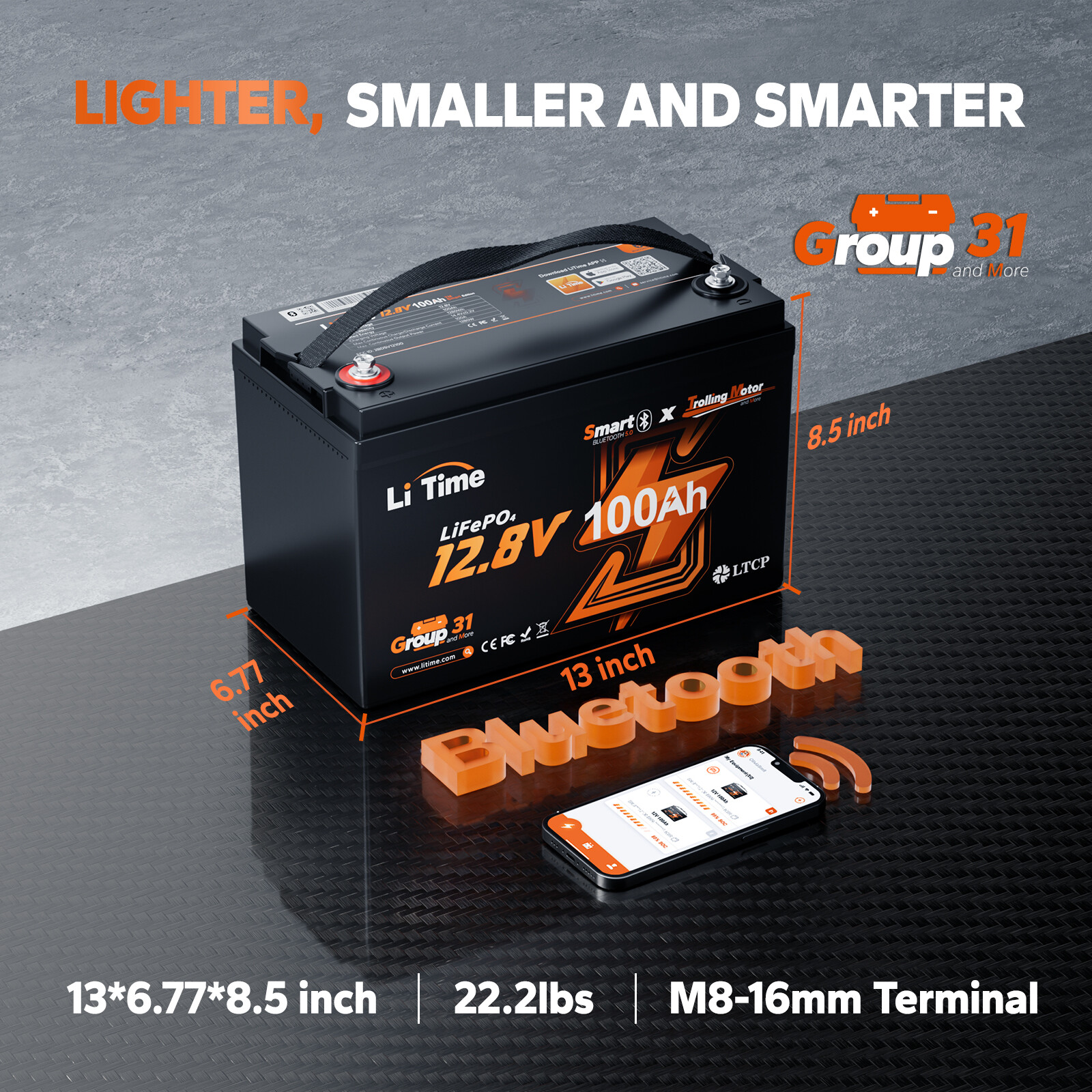 LiTime 12V 100Ah Group 31 Bluetooth Low-Temp LiFePO4 Lithium Battery For RV Boat