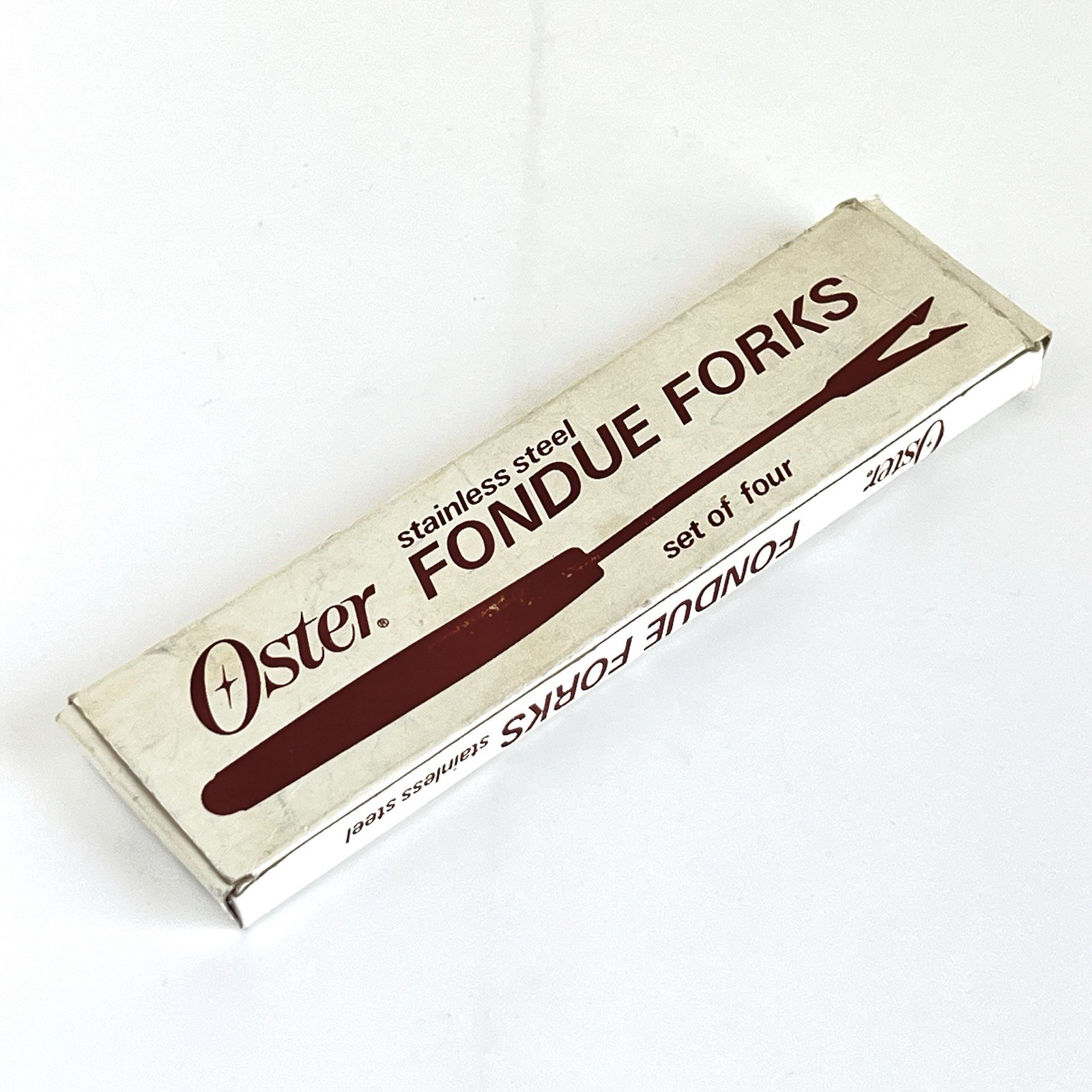 Vtg Oster Set of 4 Stainless Steel, Wood Handled Fondue Forks w/ box MCM