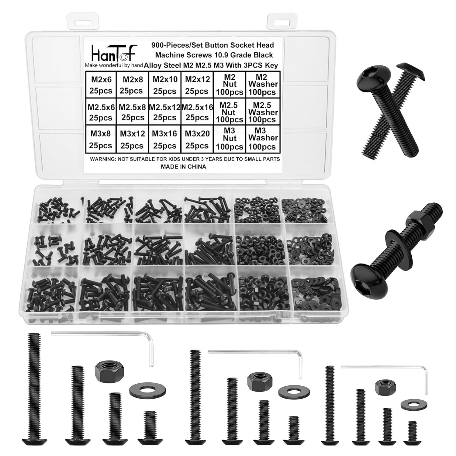 900Pcs M2 M2.5 M3 Screws Bolts Nuts Washers Assortment Kit,Come with Hex Wrench