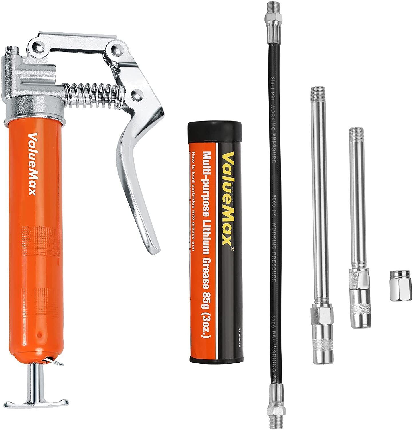 Mini Grease Gun Kit 3500 PSI 3OZ Grease 12″ Flexible Hose 5″& 3″ Extension Tubes