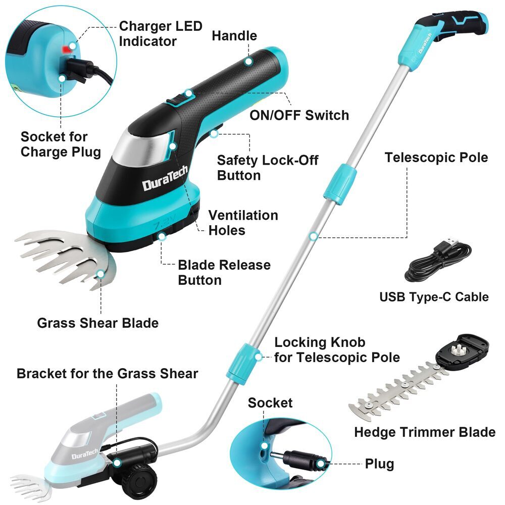 DURATECH 7.2V Cordless 3-in-1 Grass Trimmer & Hedge Shears w/50″ Pole USB Type-C