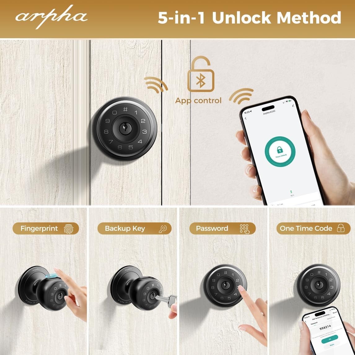 ARPHA Keyless Smart Door Knob Fingerprint Entry Auto Lock Handle D258 Door Lock