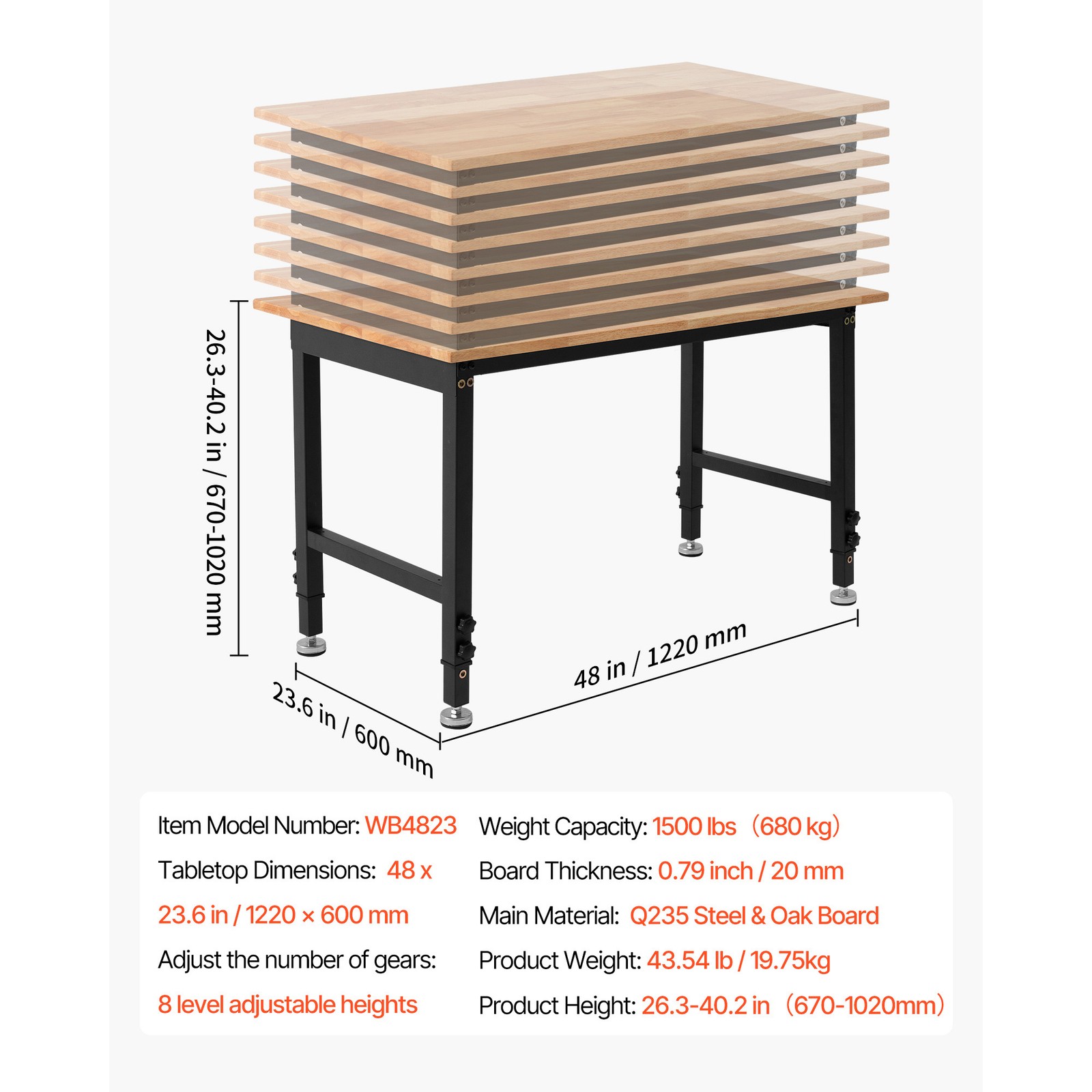 Uimoso 48 x 24 in Adjustable Workbench with 1500 lbs Capacity and Oak Wood Top