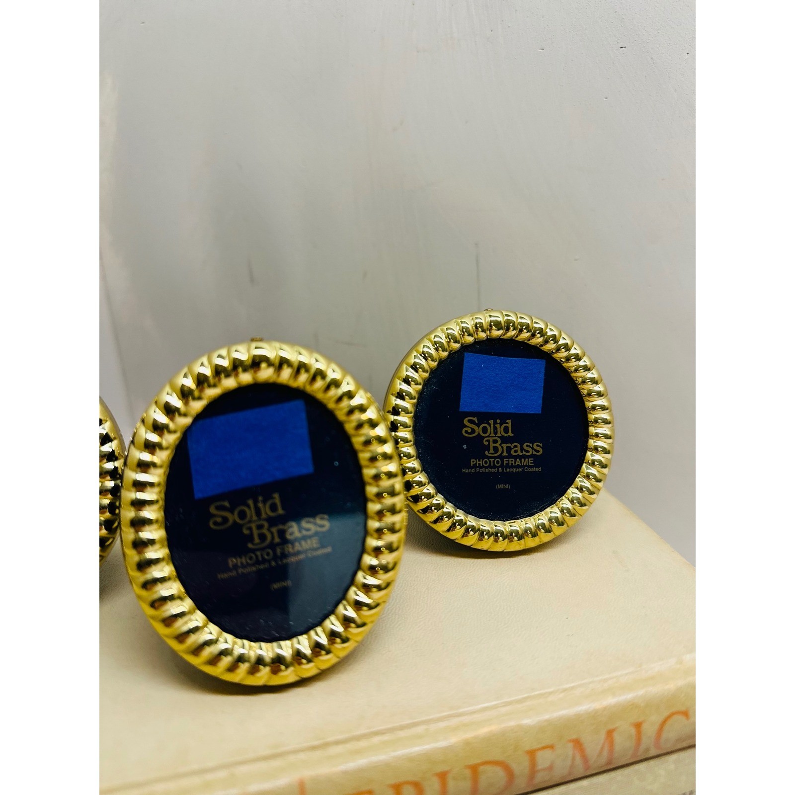 Solid Brass Mini Photo Frame Set 3 Piece Vintage Gold Round Oval Rope Border
