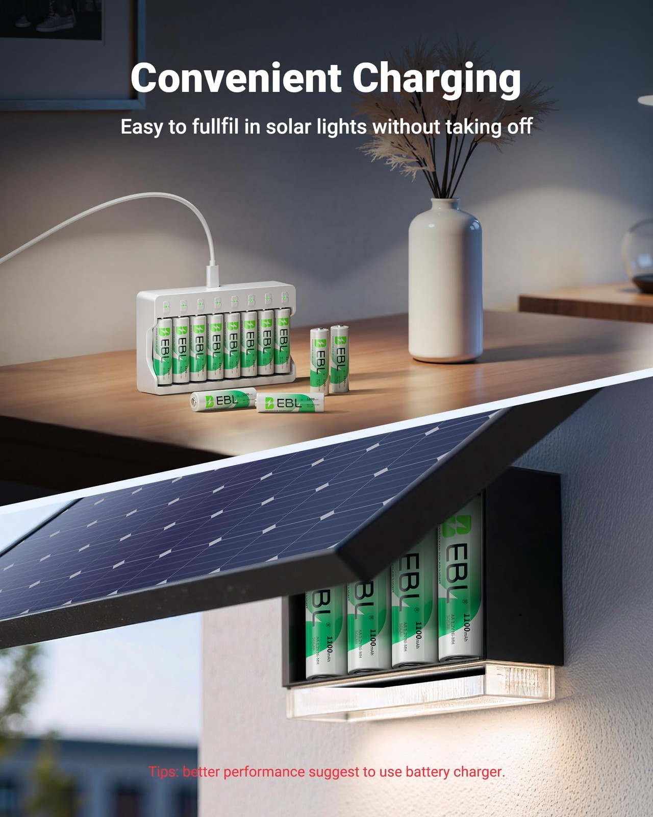 EBL 1100mAh Solar AA Batteries for Outdoor Lights Garden Pack of 20