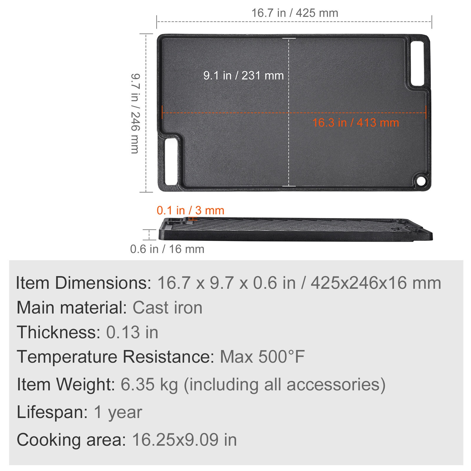 VEVOR 9.7″x16.7″ Reversible Grill Griddle BBQ Flat Stove Top Griddle Cast Iron