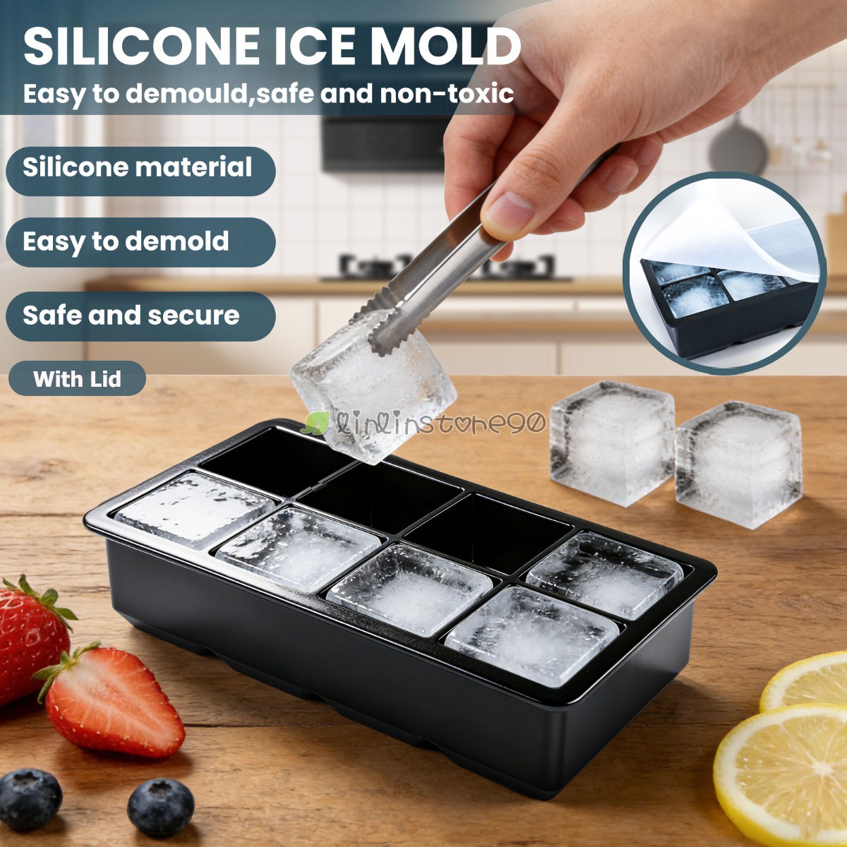 4.8CM Large Ice Cube Maker Tray 8 Grids Silicone Molds for Whiskey Cocktails BLK