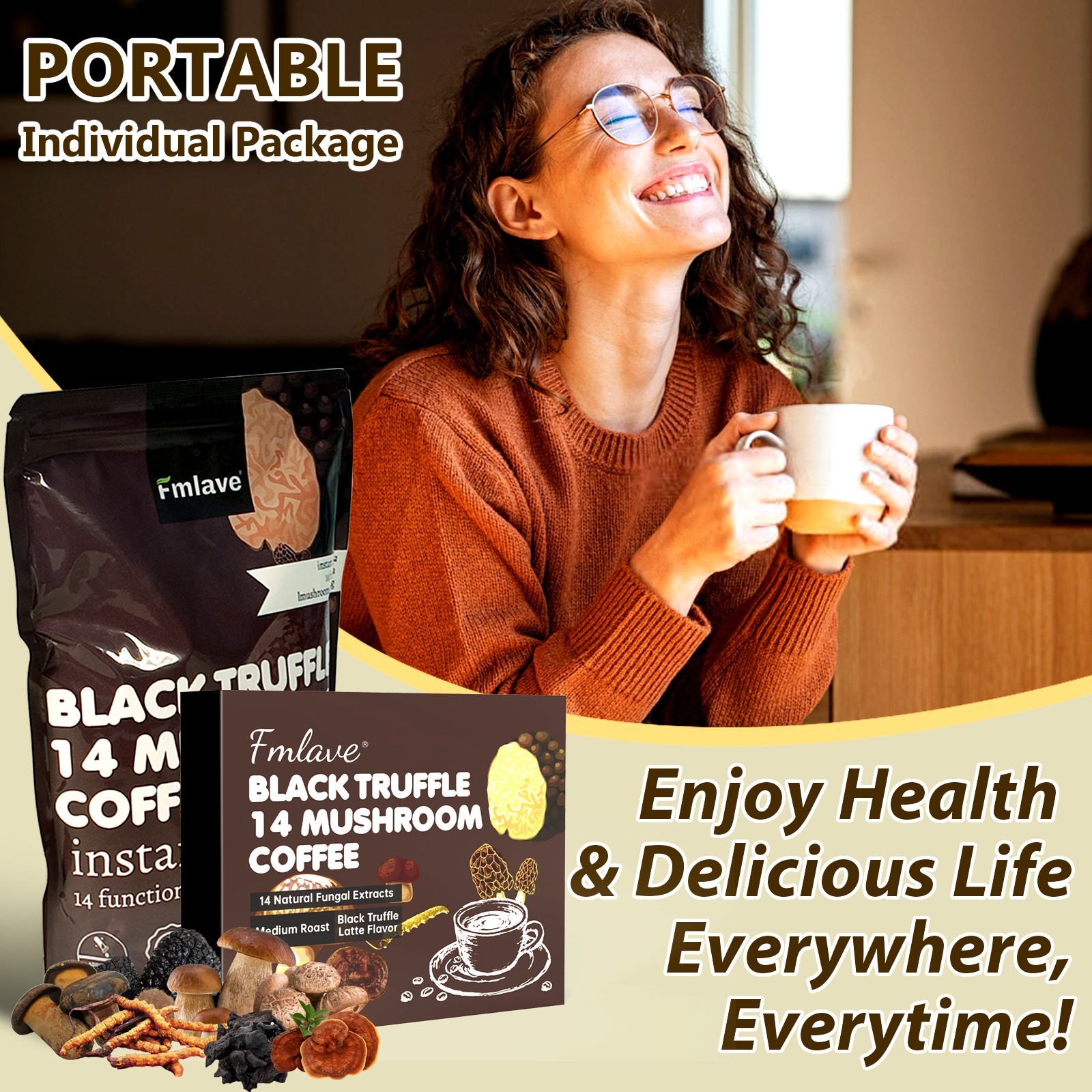 Organic Mushroom Coffee Instant Coffee, 14 Mushroom Extract Energy & Brain Boost