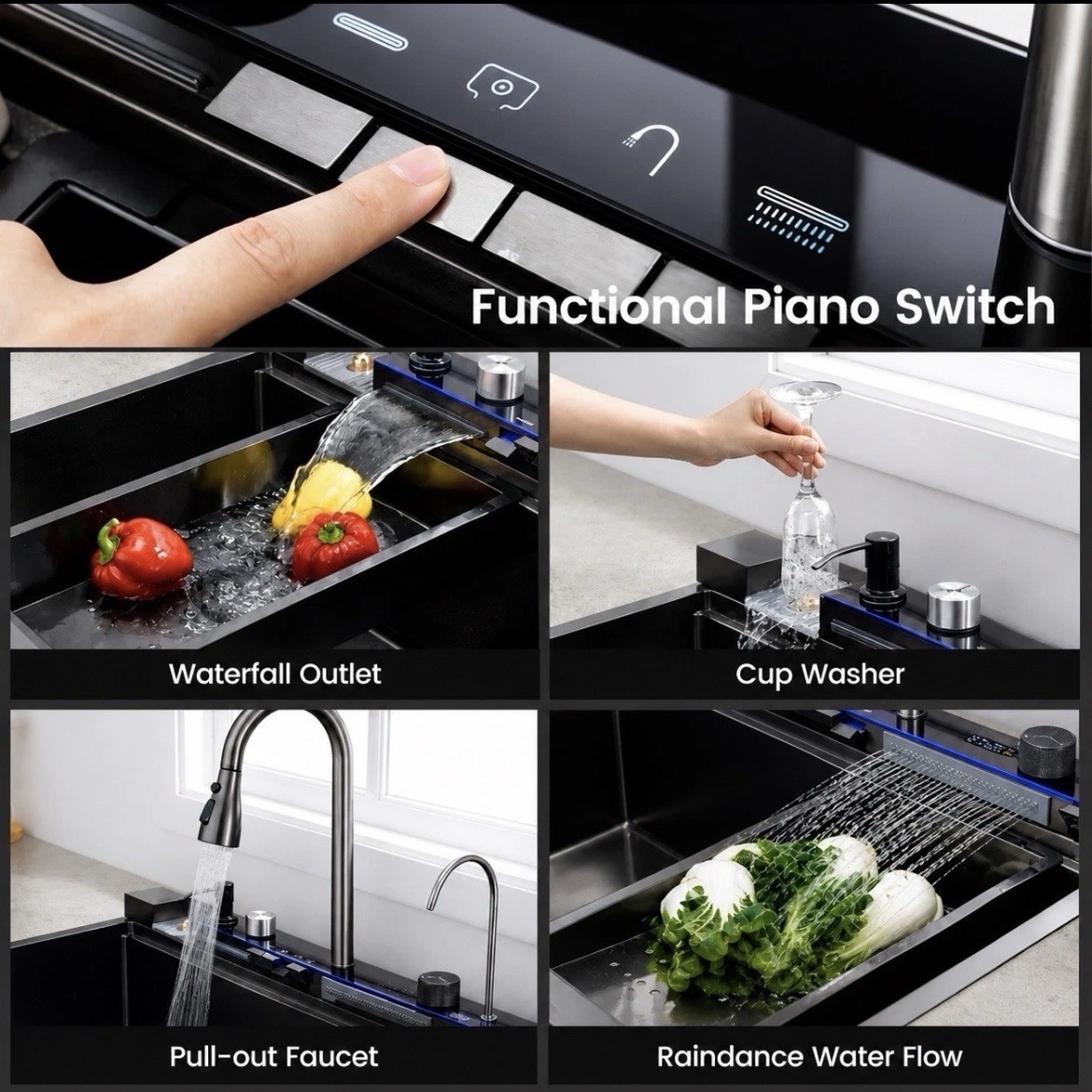 30 x 18” Waterfall Kitchen Sink Flying Rain Pull-Out Faucet w/ Cup Washer