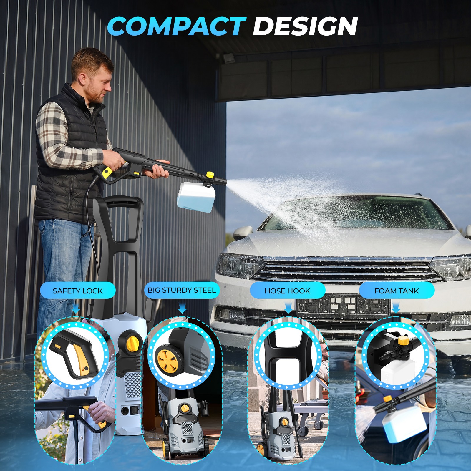 Electric Pressure Washer 1500W High Pressure Washer Portable with 4 in 1 Nozzle