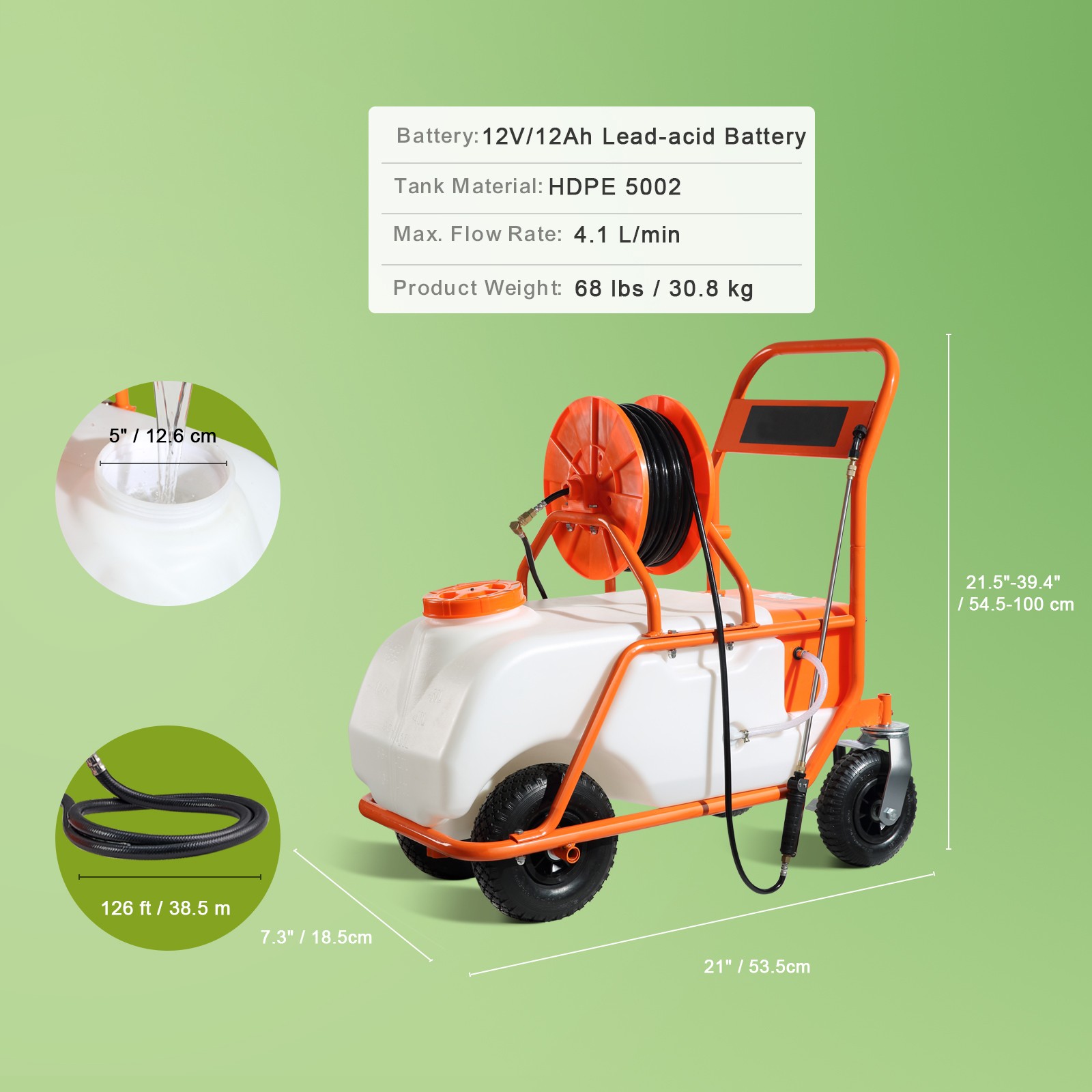 VEVOR Battery Powered Lawn Sprayer Cart Sprayer 15 Gal Tank w/ Wheels 0-90 Psi