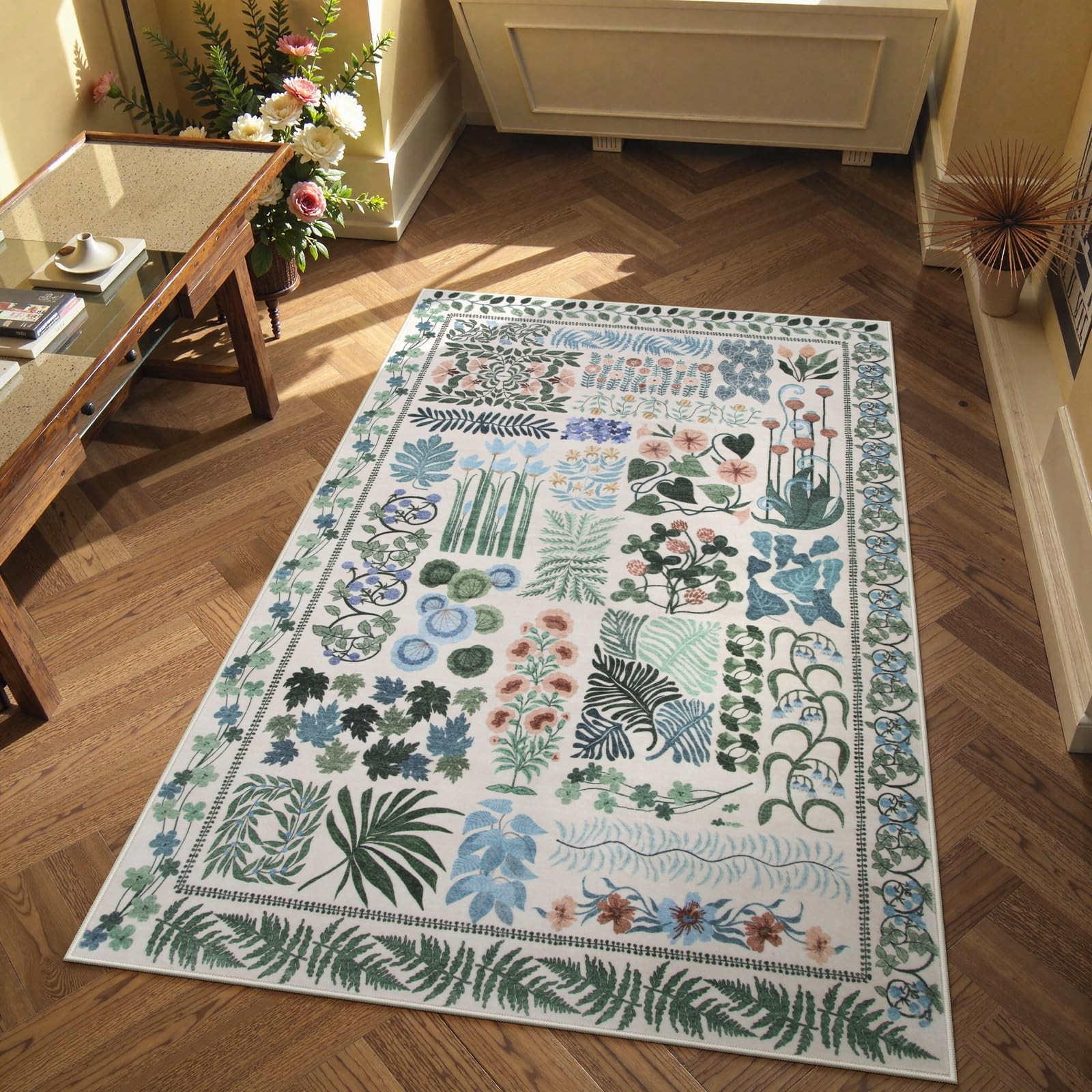 Floral Boho Beige Washable 3×5 Bathroom Entrance Rugs Indoor, Non Slip Flower…