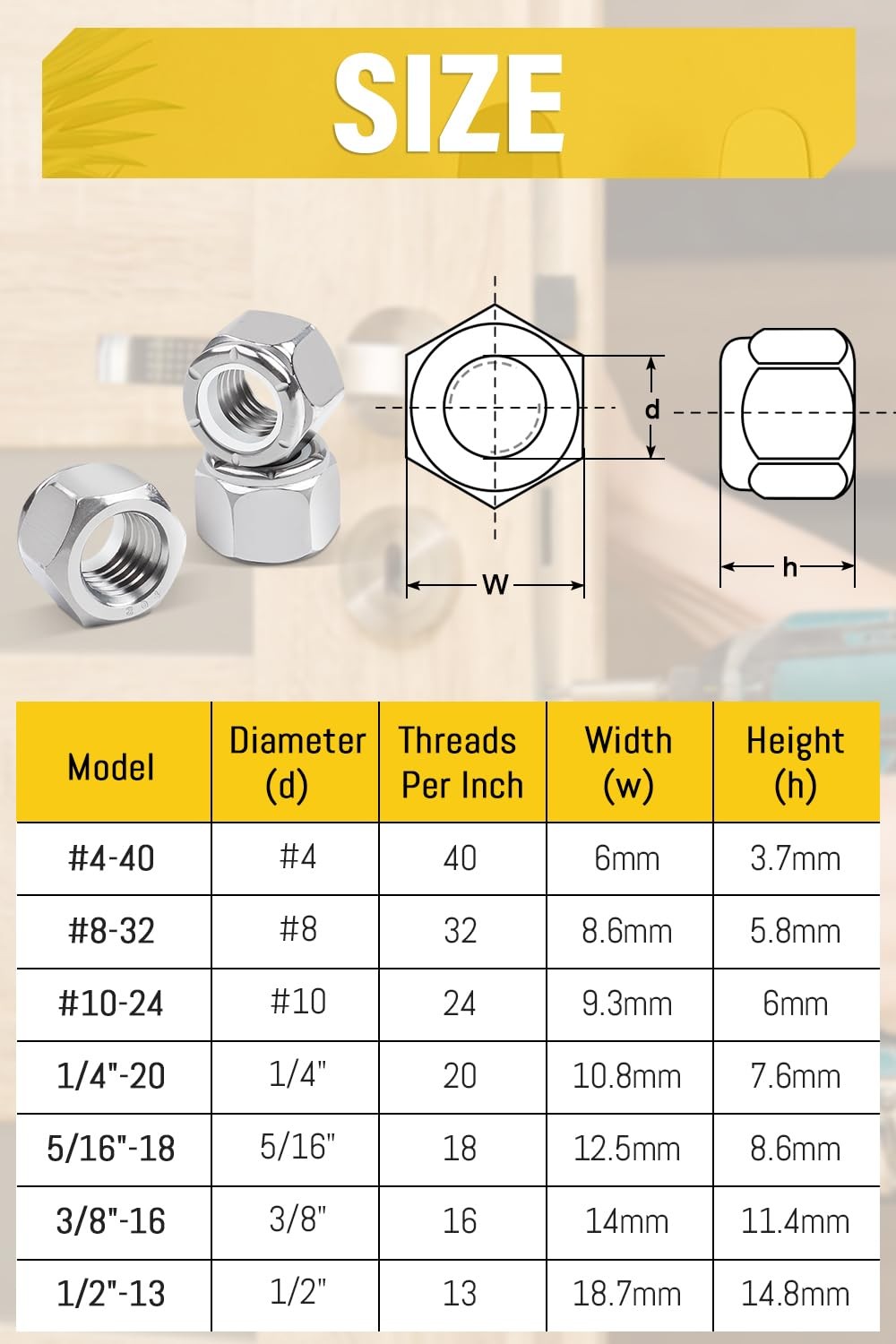 Caianwin 10Pcs 1/2″-13 Nylon Insert Hex Lock Nuts A2 304 1/2″-13, Silver