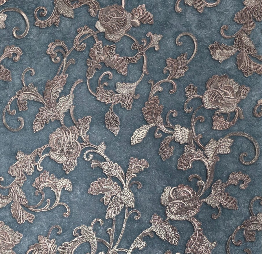 Dark Teal green blue bronze metallic plaster textured floral damask Wallpaper 3D
