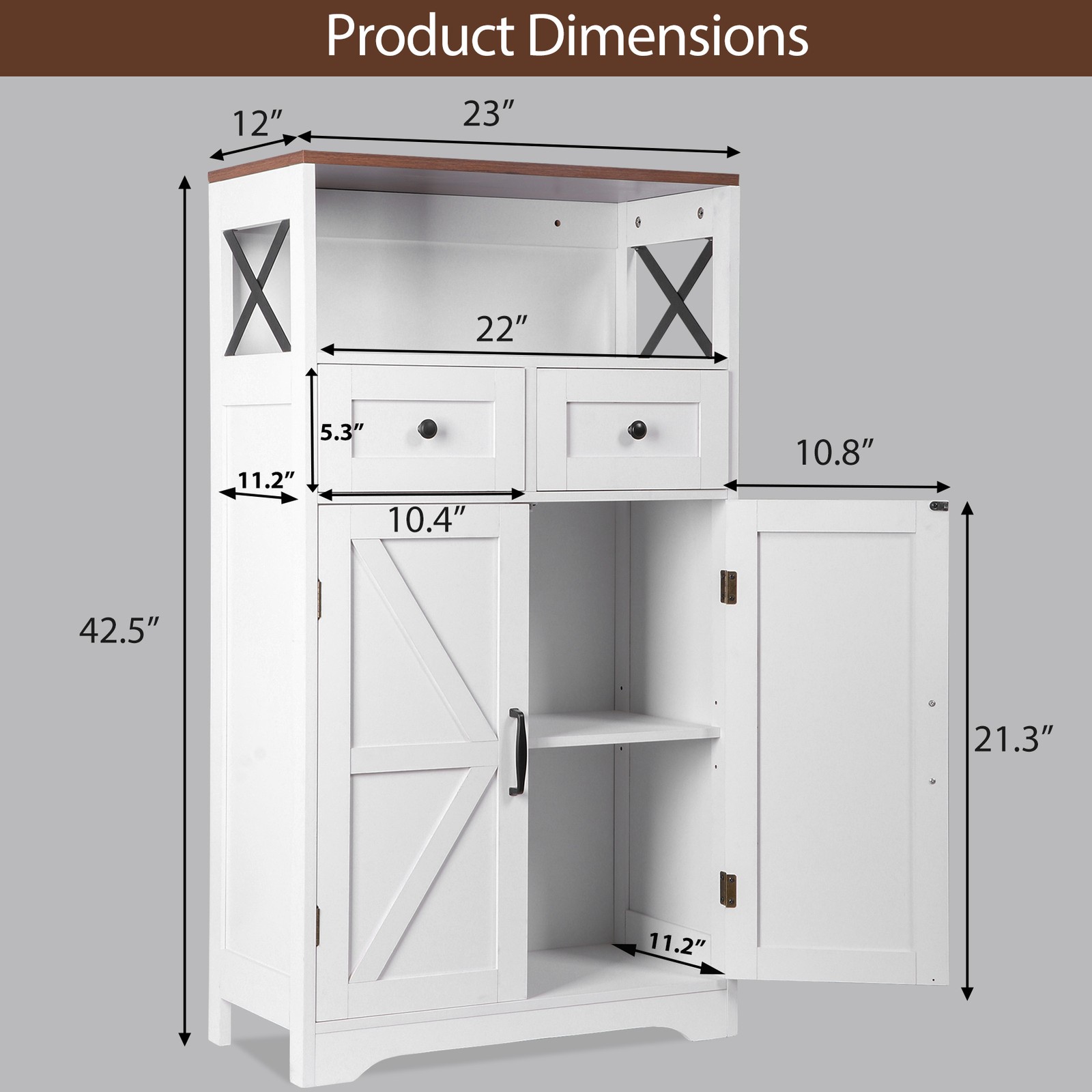 Farmhouse Storage Cabinet Bathroom Floor Cabinet Kitchen Pantry w/ Drawers White