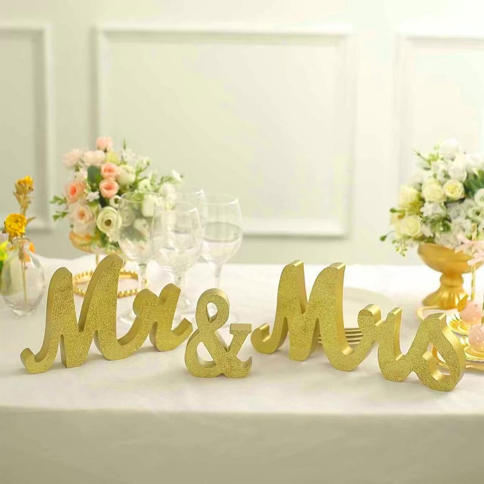 Gold Glitter Mr & Mrs Sign – Freestanding Wooden Wedding Decor, Vintage Photo…