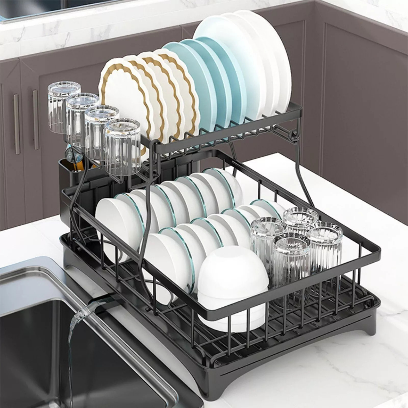2 Tier Over The Sink Dish Drying Rack Stainless Steel Kitchen Dish Drainer Black