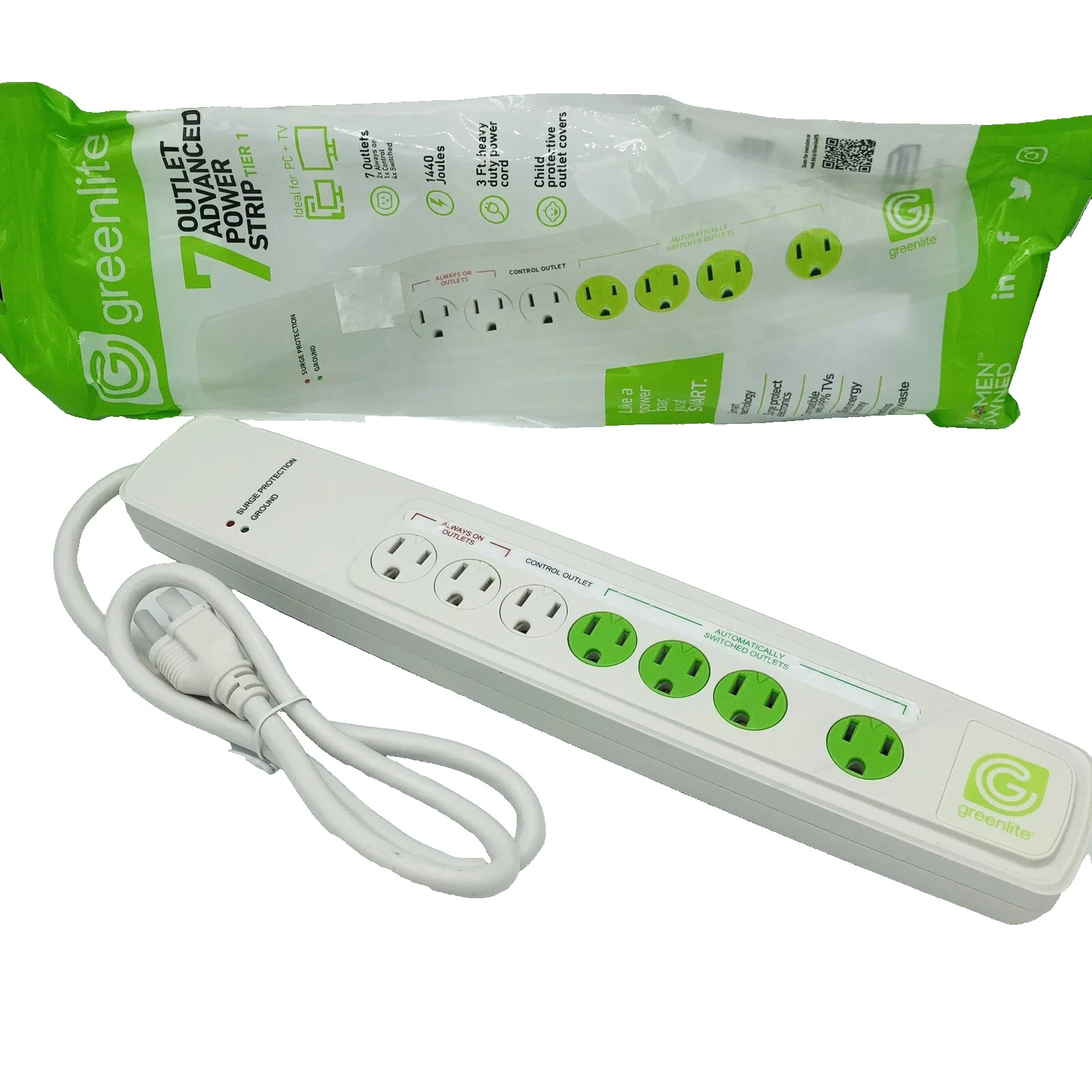 Advanced Power Saver Strip 7 Outlets Sensing Extension Cord Bar Surge Greenlite