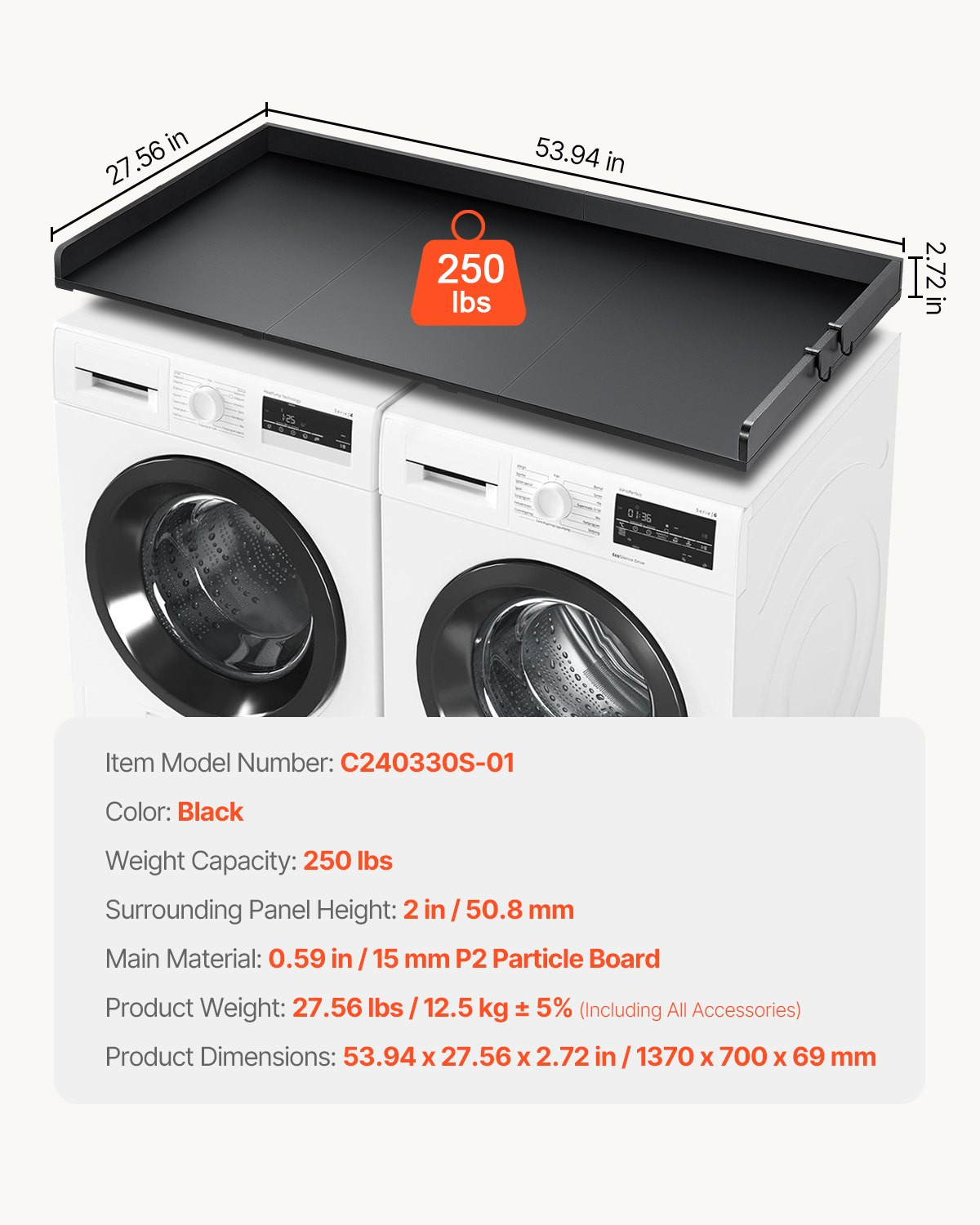 VEVOR Washer Dryer Countertop with 3 Splicing Panels, 54″ x 27″ Wooden Washer an