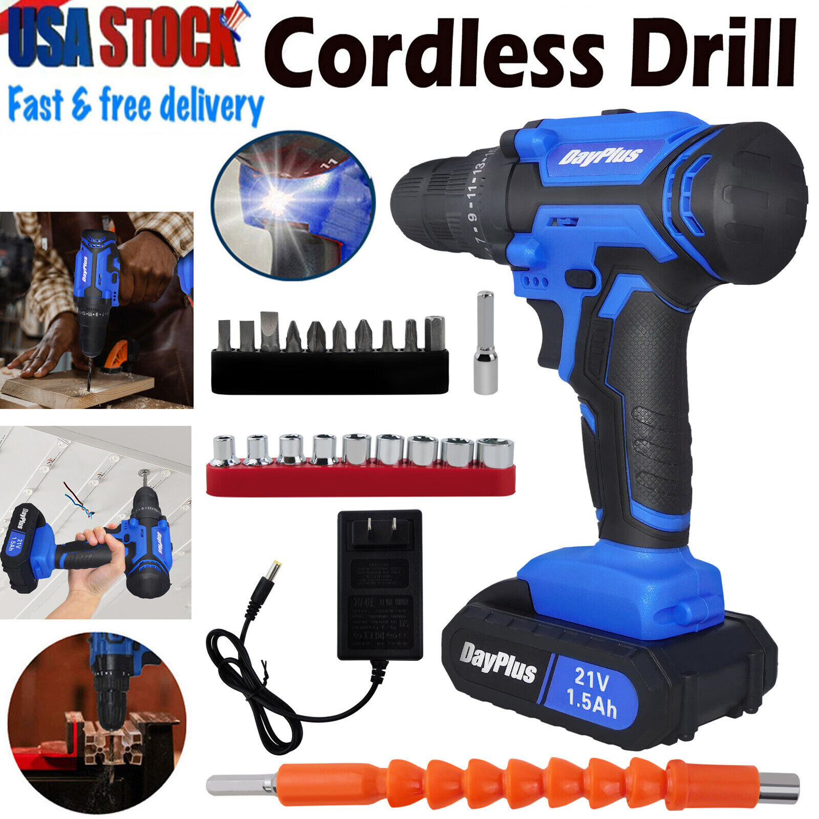 21V Max Cordless Drill Driver Set Impact Drill Tool Kit w/ 26 Pieces Accessories