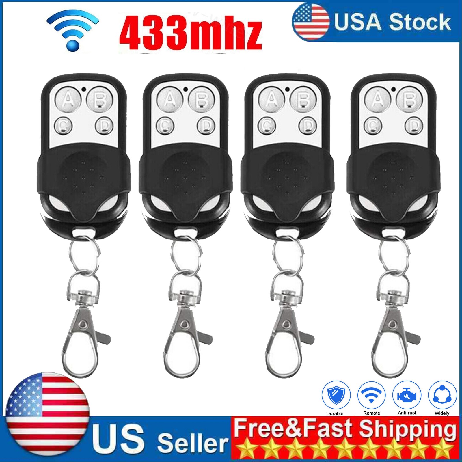 4 X 433MHz Universal Rolling Code Remote Control Fob Gate Garage Door Opener Key