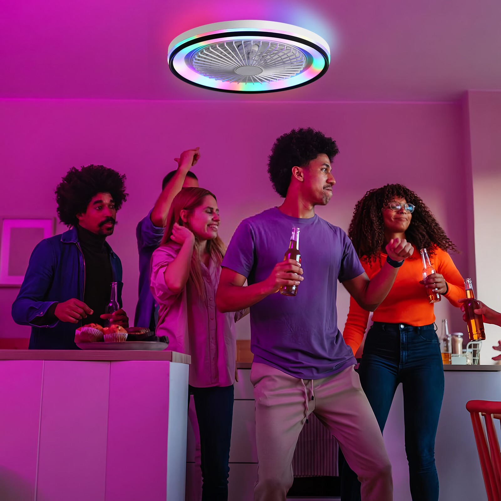 19in Flush Mount LED Ceiling Fan with RGB Light Remote & APP Control Fan Light