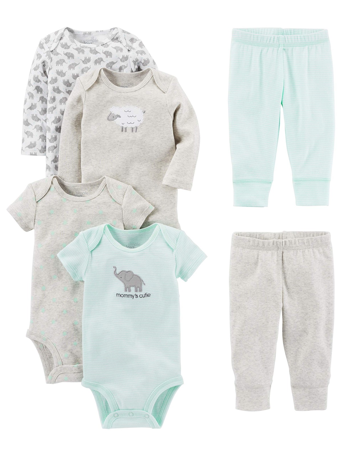 Simple Joys Kid’s 6 piece Little Character sets Sleepwear, Grey Lamb, 0-3 Months